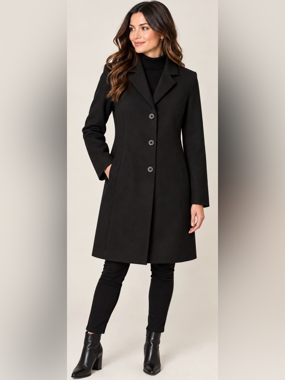 Amanda Smith Women’s Black Long Coat Size 6 Classic Tailored 3 Button